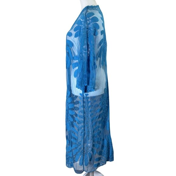Rebellione Size M /L Long Blue Sheer Cover Up Kimono With Embroidered Floral - Picture 5 of 11